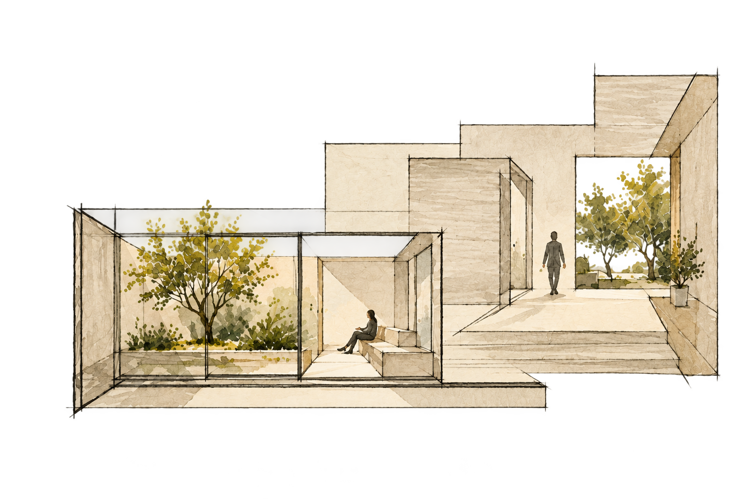 Architectural sketch of a quiet living space opening onto a planted courtyard
